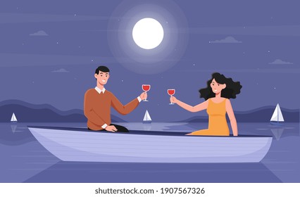 Smiling couple on a romantic night date in boat. Concept of creative evening. Male and female characters in love spending night at the lake drinking wine in boat. Flat cartoon vector illustration