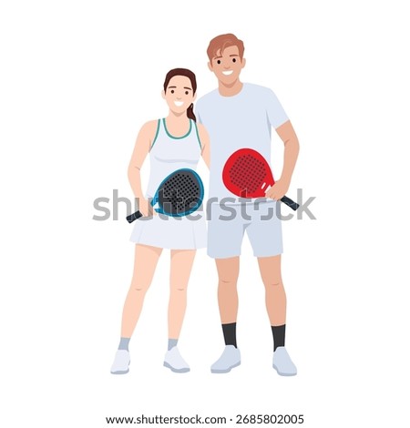 Smiling Couple Padel Players with Rackets. Flat vector illustration isolated on white background