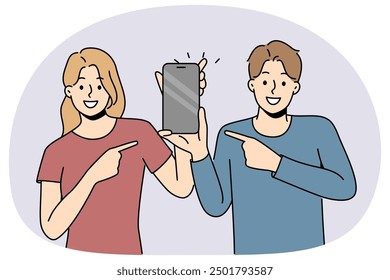 Smiling couple point at cellphone with empty screen. Happy man and woman point with finger on smartphone. Recommendation and technology. Vector illustration. - Powered by Shutterstock - Get 15% off with code: PIKWIZARD15