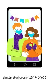 Smiling couple with present  in hands. Young woman in oversize pullover and mittens, man wears knitted scarf. They look happy and enjoy their time hugging. Celebration Christmas online in lockdown