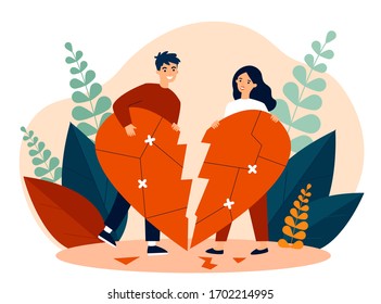 Smiling couple restoring broken heart flat vector illustration. Happy man and woman solving problems and returning their love. Relationship and romance concept.