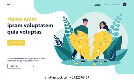 Smiling couple restoring broken heart flat vector illustration. Happy man and woman solving problems and returning their love. Relationship and romance concept.