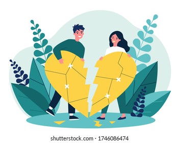 Smiling couple restoring broken heart flat vector illustration. Happy man and woman solving problems and returning their love. Relationship and romance concept.