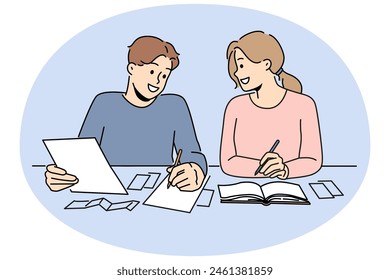 Smiling couple sit at desk managing finances. Happy man and woman take care of household budget, planning expenses. Vector illustration.