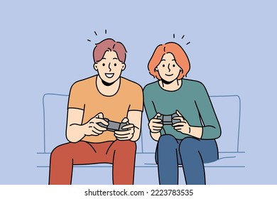 Smiling couple sit sofa at home playing video game together  Happy man   woman have fun enjoy videogame and controllers  Vector illustration  