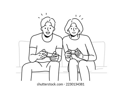 Smiling couple sit on sofa at home playing video game together. Happy man and woman have fun enjoy videogame with controllers. Vector illustration. 