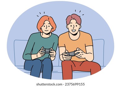Smiling couple sit on sofa at home playing video game together. Happy man and woman have fun enjoy videogame with controllers. Vector illustration.