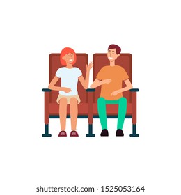 Smiling couple sitting in cinema chairs cartoon style, vector illustration isolated on white background. Laughing man and woman watching comedy movie