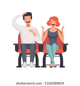 Smiling couple sitting in cinema theatre and watching comedy movie vector Illustration on a white background