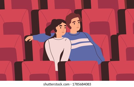 Smiling couple sitting on chair at movie theater vector flat illustration. Happy man and woman hugging during watching film at cinema auditorium. People viewers at romantic date