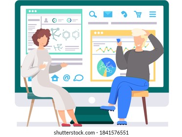 Smiling couple sitting and playing the game. People with cards in their hands. Chemical research statistics on the poster on background. Couple communicating. The woman thinks over the next move