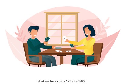 Smiling couple sitting at table and playing card board or tabletop games Home leisure activity for family members. Flat abstract outline vector illustration concept banner isolated on white background