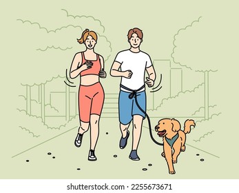 Smiling couple in sportswear jogging together with dog in park. Happy man and woman running outdoors with puppy. Sport and healthy lifestyle. Vector illustration. 