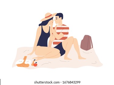 Smiling couple in swimsuit sit on plaid have romance date outdoors vector flat illustration. Happy cartoon man and woman kissing, hugging feeling love isolated on white. Romantic summer picnic