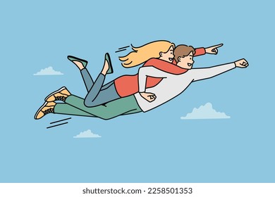 Un hombre valiente sonriente como superhéroe con una mujer volando en el aire. Feliz acto masculino como héroe volar con amante femenino en el cielo. Ilustración vectorial. 