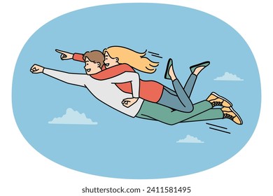 Un hombre valiente sonriente como superhéroe con una mujer volando en el aire. Feliz acto masculino como héroe volar con amante femenino en el cielo. Ilustración vectorial.