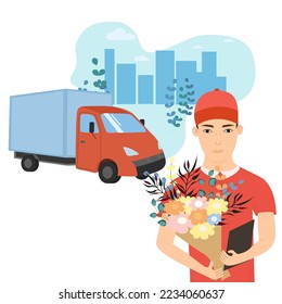 Smiling courier boy holding flowers bouquet and order check list paperclip. Delivery man truck with Flowers delivery service. Flat vector illustration isolated on white background