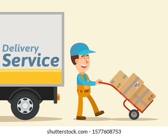 Smiling courier delivers parcels to customer on hand truck, trolley. Truck with text - Delivery service. Business vector illustration, flat design cartoon style. Isolated background.