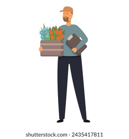 Smiling courier delivery flowers icon cartoon vector. Fast express service. Bunch of blooming