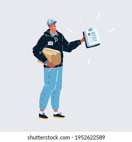 Smiling courier or delivery man with parcel box and checklist tablet. Concept of processional, fast and safe order delivery service and online shopping. Isolated background cartoon vector illustration