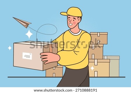 Smiling courier holding a package with a paper plane symbolizing speed. A dynamic concept of fast delivery service, efficient e-commerce logistics, and reliable shipping for online shopping growth.
