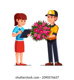 Smiling courier man handing bouquet of flowers to woman who is signing order receipt. Flowers delivery service. Delivery boy character. Flat vector illustration isolated on white background