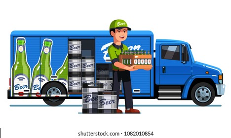 Smiling courier man holding wooden crate of beer and kegs. Branded delivery truck with advertising design. Brewery company delivering beer. Flat vector illustration isolated on white background