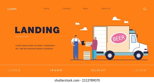 Smiling courier man holding wooden crate of beer and kegs. Branded delivery truck with advertising design. Brewery company delivering beer. Flat vector illustration isolated on white background.