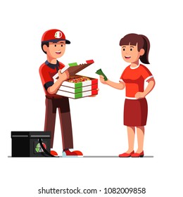 Smiling courier man showing delicious takeaway pizza in cardboard box to client. Woman paying cash money to delivery boy. Pizza delivery service. Flat vector illustration isolated on white background