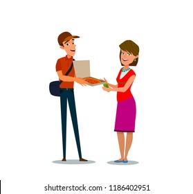 Smiling courier man showing delicious takeaway pizza in cardboard box to client. Woman paying cash money to delivery boy. Pizza delivery service. Vector illustration of a flat design.