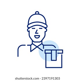 Smiling courier man working in food delivery. Take away paper bag. Pixel perfect icon