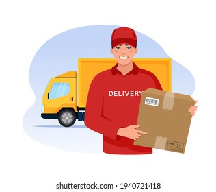 Smiling courier with a parcel on the background of a yellow truck. Fast delivery service.Vector illustration in cartoon style