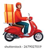 Smiling courier riding a red scooter with packages for delivery. Fast delivery service. Vector cartoon character illustration
