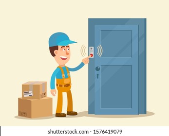 Smiling courier rings the door of the house. Express delivery of packages, goods to the home. Parcels delivery service. Vector illustration, flat design cartoon style. Isolated background.