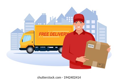 Smiling courier in uniform with a parcel box in his hands and a yellow delivery truck on the background of the city.  Fast delivery service. Vector illustration 