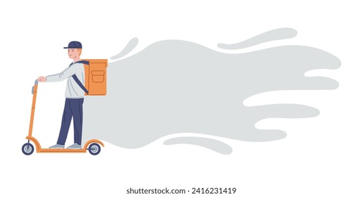 Smiling courier with yellow bag rides scooter flat style, vector illustration isolated on white background. Decorative design element, delivery service, abstract gray shape for text
