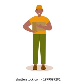 Smiling courier-a man with a parcel in his hands. Online stores. Delivery of food, correspondence and goods to your home. A man with a box in his hands, a delivery man, a postman.