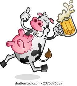 A smiling cow cartoon character with black and white spots and a big round full udder tossing a thumbs up as he frolics about with a tall cold mug of delicious beer