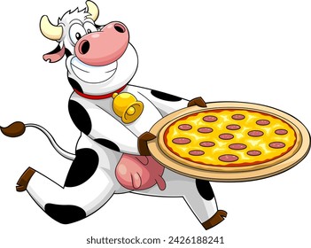 Smiling Cow Cartoon Character Running With Pepperoni Pizza. Vector Hand Drawn Illustration Isolated On Transparent Background