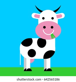 Smiling cow eating grass. Vector illustration