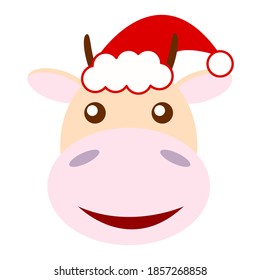 Smiling cow head in red cap isolated on white background. Symbol of new year 2021. Cartoon character. Flat style. Cute and funny. For postcards, posters, prints, textile, nursery, children design