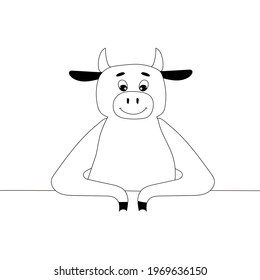 Smiling cow. Line art. Isolated vector illustration
