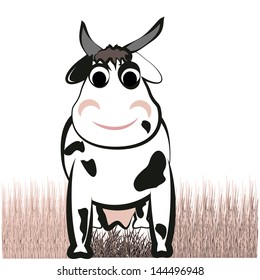 smiling cow, white with black spots surrounded by grass pink on a white background