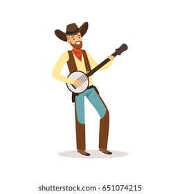Smiling cowboy playing banjo western cartoon character vector Illustration