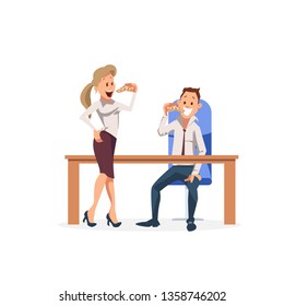 Smiling Coworker Colleague Eat Pizza for Lunch. Happy Woman Stand, Bite Slice of Junk Food. Male Character Sit on Chair at Workplace Table Have Fast Break. Cartoon Flat Vector Illustration