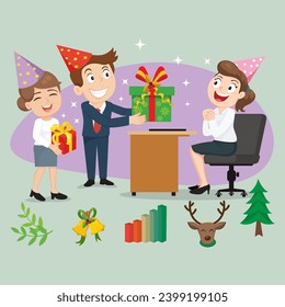 Smiling coworkers give present celebration at work. Gift giving in office concept. illustration vector cartoon. 