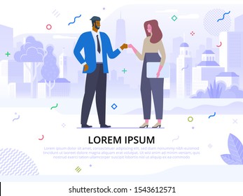 Smiling coworkers, woman and man cartoon characters. Informal greeting flat banner vector template. Successful negotiation, business partnership. Colleagues handshake illustration with text space