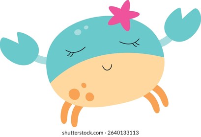 A smiling crab with closed eyes and a starfish on its head in a playful cartoon style. The crab has a rounded body and expressive claws. Cartoon vector illustration.
