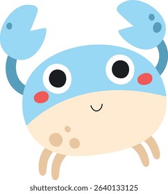 A smiling crab with large eyes and raised claws in a playful cartoon style. The happy sea creature features a round body and expressive face. Cartoon vector illustration.