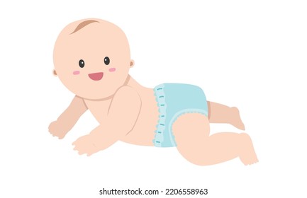Smiling crawling baby clipart. Simple cute smile baby wearing diaper flat vector illustration. Happy baby crawling on the floor cartoon style. Kids, baby shower, newborn and nursery decoration concept